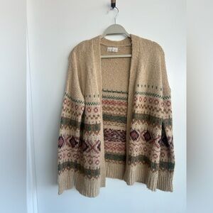 BE COOL Beige Open Fair Isle Cardigan with Teal & Rose Accents